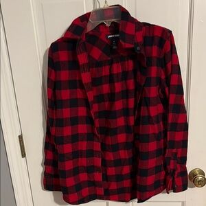 Lands' End Women Red and Black Plaid Shirt